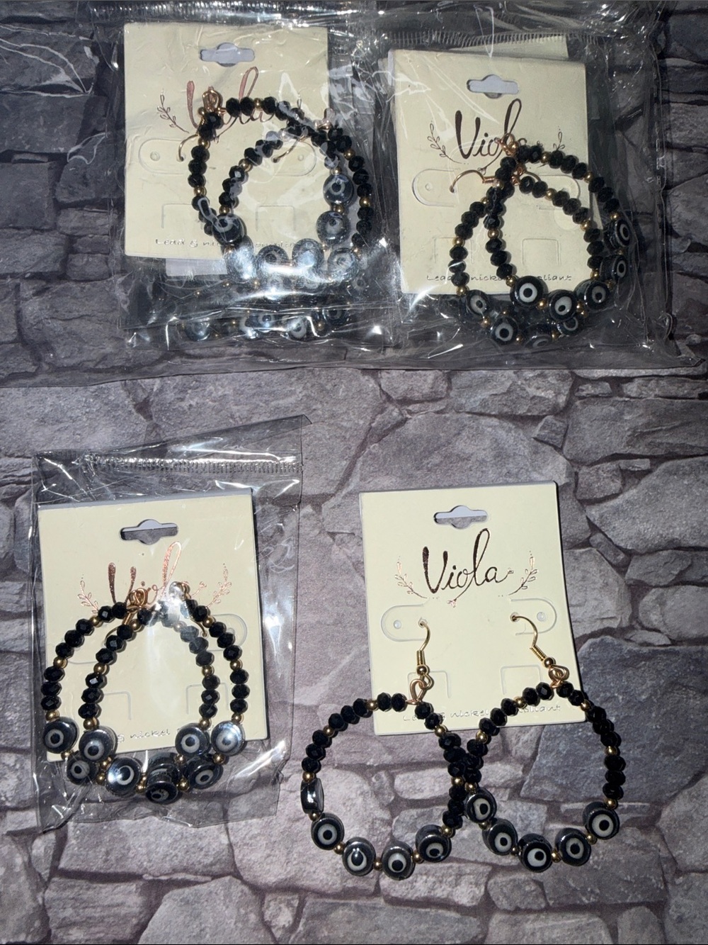 Black Beaded Hoop Earrings with Evil Eye Accents